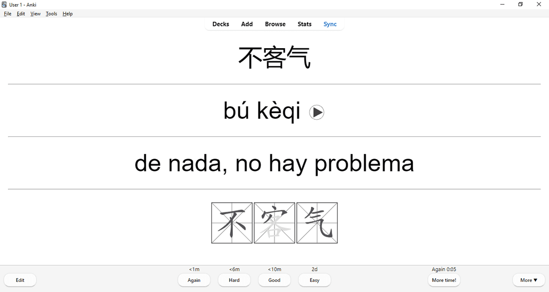 Flashcard showing the character 不客气, it's pinyin, audio, spanish translation and an animation on how to write it